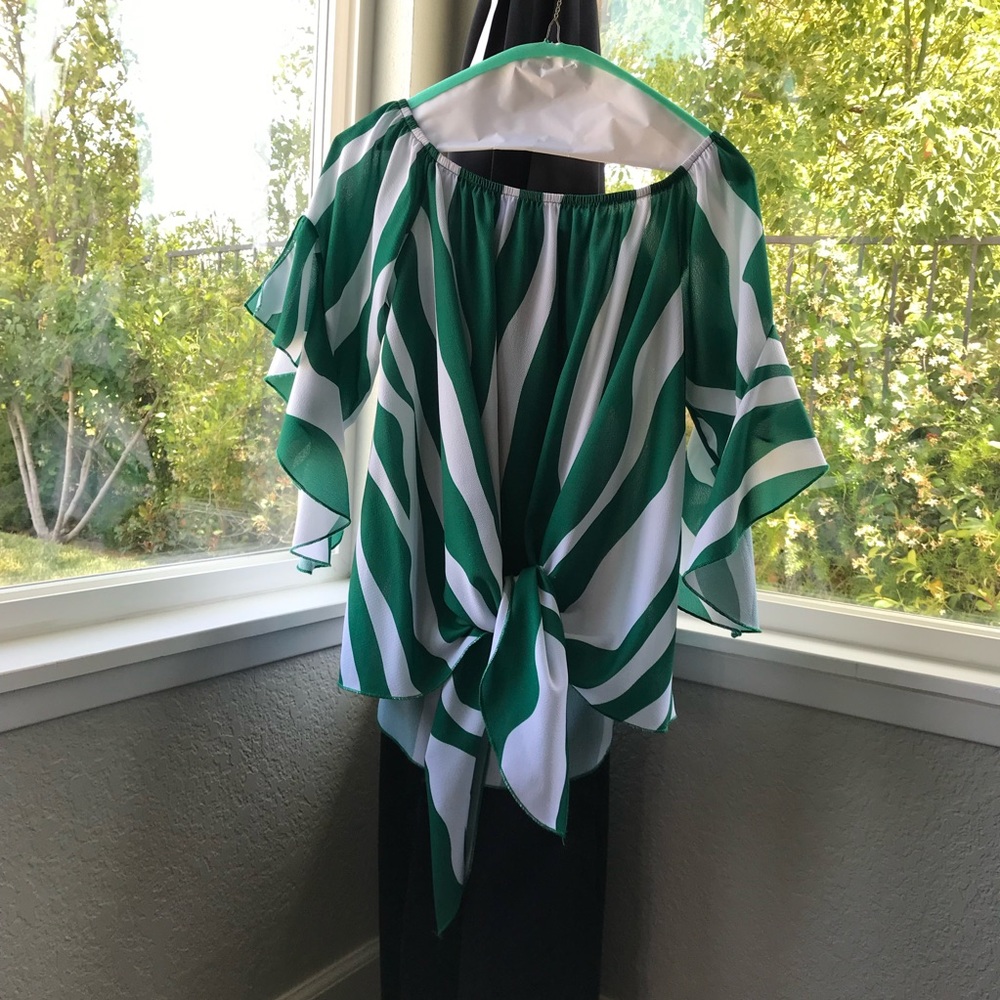 Green and White Off-the-Shoulder Summer Blouse